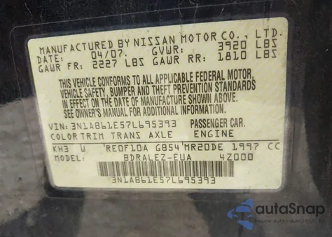 2007 Nissan Sentra 2.0S z USA, uszkodzony, nr VIN 3N1AB61E57L695393